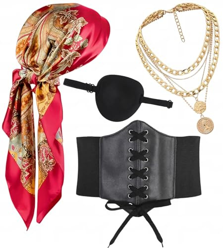 Medeltida piratdräkt, korsett, piratin, kostym, tillbehör, damer, huvudduk, bandanas, midjebälte, ögonlapp, halloween, karneval, temafest, cosplay, outfit (röd, M)