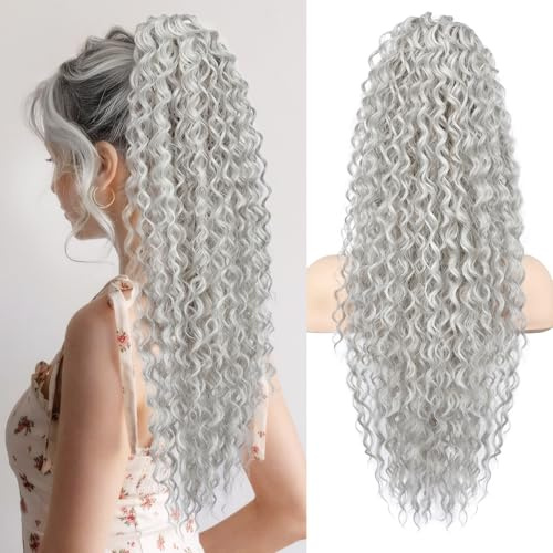 Flufymooz Ponytail Extension, 66 CM Bohemian Style Drawstring Ponytail Hair Extensions für Frauen, lange lockige Wellenschwanz natürliches synthetisches Haarstück(Grau/Silber/Weiß gemischt)