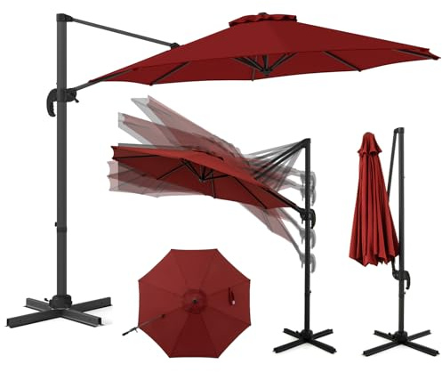 RELAX4LIFE Parasol Déporté 3x3M Rotatif à 360° (Rouge) | Parasol de Jardin Inclinable avec 5 Angles Réglables, 8 Baleines et Base Croisée pour Plage Piscine