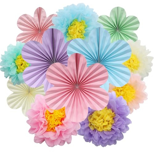 BestoFun 12er Set Papier Blumenfächer & Papierblumen Pompons Pastellfarben Hängende Girlande Dekoration für Hochzeit Geburtstagsfeier Gartenparty Tischdeko