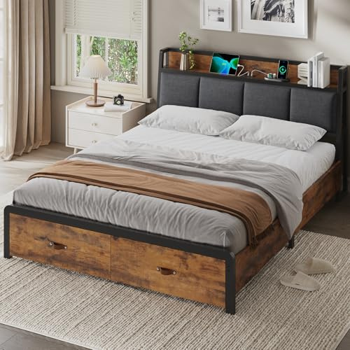 KIMENICH Lit 160x200 avec Sommier en Métal, Cadre de Lit 160x200 avec Tête de Lits en Bois et Compartiments Ouverts, Lits Double avec Multiprise et 2 Tiroirs, Noir+Marron Vintage