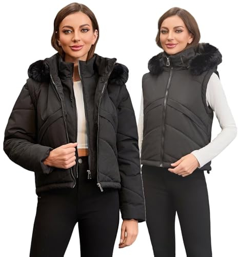 chiguomaoyi Chaquetas ligeras de invierno para mujer 2 en 1 Chaleco acolchado sin mangas corto Abrigo acolchado con capucha para mujer