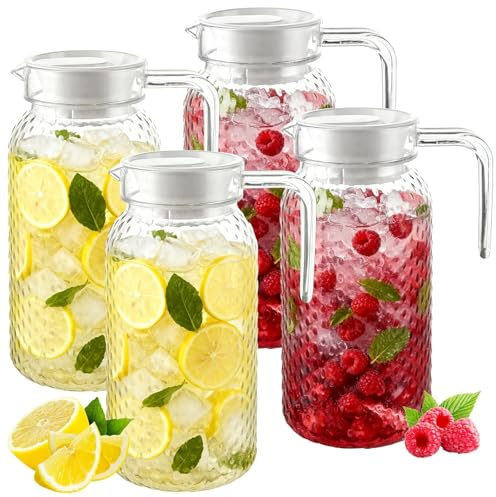 LOLYSIC 4 Stück 1 Liter Wasserkaraffe mit Deckel, Wasserkrug Transparente Saftkanne mit Deckel, Wasserkaraffe mit Deckel aus Kunststoff, Acryl-Wasserflasche Geeignet für Limonade, Eistee, Milchsaft
