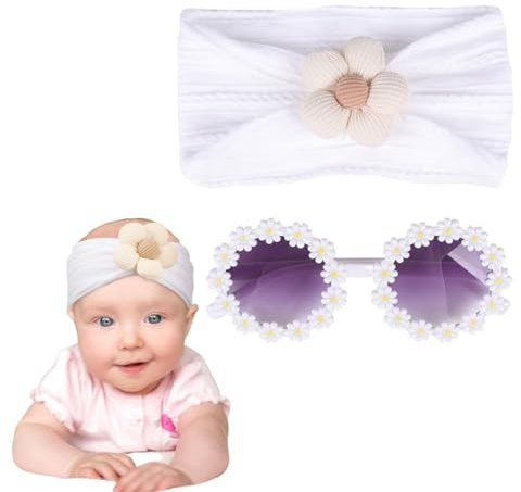 1 diadema para bebé y 1 par de gafas, diadema de flores y gafas de flores, perfectas para sesiones de fotos, recién nacidos y niños pequeños (blanco)