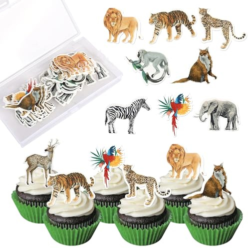 60 Packung Essbare Dschungel Geburtstag Tortendeko Woodland Cupcake Toppers Tiere Wald Elefant Kindergeburtstags für Wald Tier Thema Baby Dusche Kinder Geburtstag Party Kuchen Deko