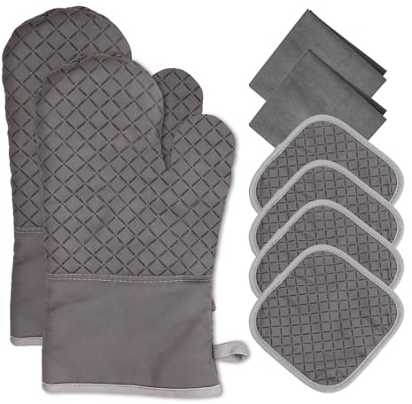 LgowithU Ofenhandschuhe & Topflappen Set 8-teilig, Hitzebeständig bis 230°C, rutschfest mit Silikon, Baumwolle Innenfutter, Backhandschuhe für Küche, Grillen, Backen & BBQ