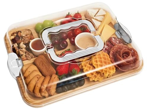 Tabla para Charcutería con Tapa, Tablas para Charcutería de Bambú con Tapa y Asas Transparentes, Bandeja para Servir de 6 Compartimentos, para Cocina, Comida, Merienda, Fiesta, Tablas con