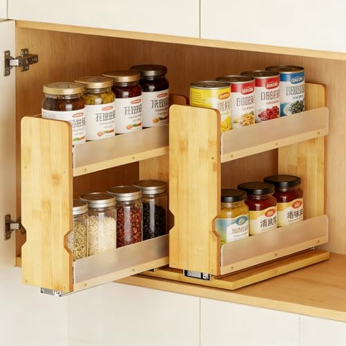 Gewürzregal Ausziehbar, Gewürzregal Schublade aus Bambus, 2-stufig Ausziehbar (25x28x15cm), 2 Schubladen Gewürz Organizer, Gewürz Organizer ohne Montage und ohne Bohrungen, für küchen & lagerschränke