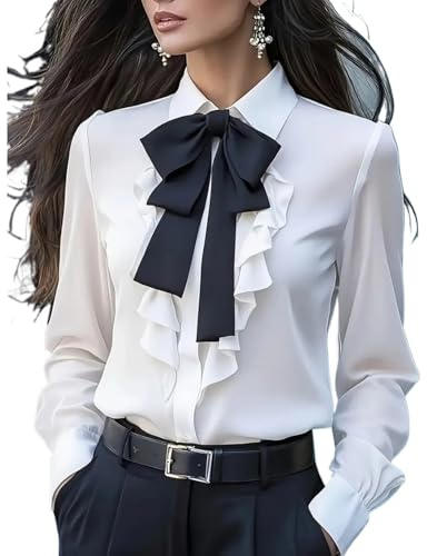 WINDEHAO Camicette da donna con fiocco, stile vintage, a maniche lunghe, con volant, casual, da smoking, da lavoro, bianco, S