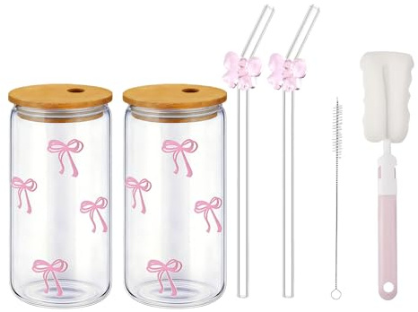 nuneoeuo 6 Pcs Bow Glass Cup, Iced Coffee Cup Glass Cups with Lids and Straws Set, Glasses Tumbler with Straw and Lid Bow Ice Coffees Suitable for use at Home School or Work