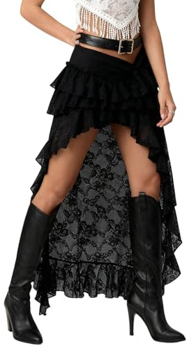 Dubute Y2k Boho Lace Long Skirts for Women's Layered Ruffle High Low Asymmetrical Flowy Sheer Mesh Maxi Skirts