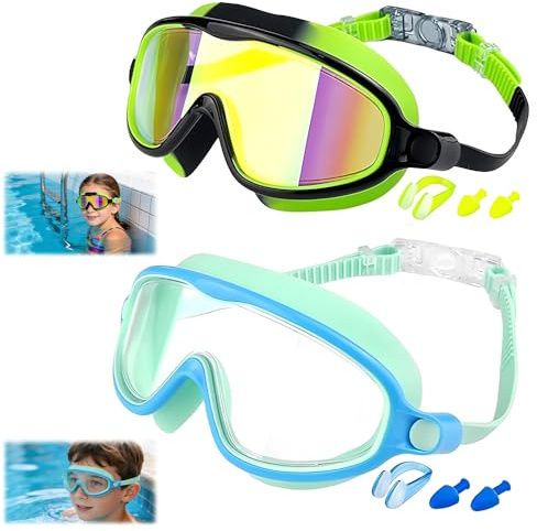 DAJASD Paquete de 2 Gafas de Natación para Niños, Gafas de Buceo para Niños, Gafas Natación Niño Amplias Anti-Vaho con Protección Nasal, Tapones para los Oídos, Anti-UV, para Niños y Adolescentes