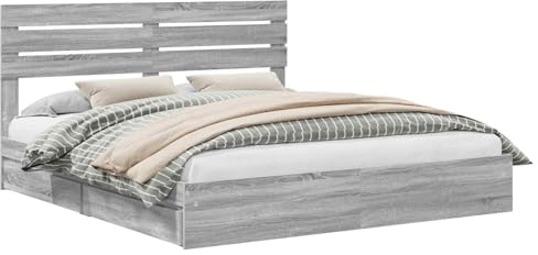 XHNIFBN Bettkomplettset 180x200 cm Graues Sonoma Holzwerkstoff mit integriertem Lattenrost und Stauraum Modernes Bettgestell mit Kopfteil und Schubladen für Schlafzimmer und Gästezimmer