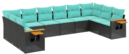 XHNIFBN Set di 10 divani da giardino in polyrattan, mobili modulari da terrazza con cuscini blu, divano in rattan nero per giardino e terrazza, gruppo di sedute flessibili