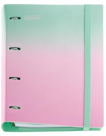 Miquelrius - A4-ringpärm av polyfoamplast, karbinblad med 100 rutade ark + 4 avdelare + 1 x polypropenkuvert, 4 ringpärmar, gummiförslutning, Mint&Rosa