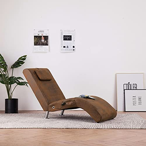 YunCangg Massage Chaiselong med kudde brun mocka utseende, 144 x 59 x 79 cm, galvaniserad stålram, 5 massagelägen, värmefunktion, fjärrkontroll