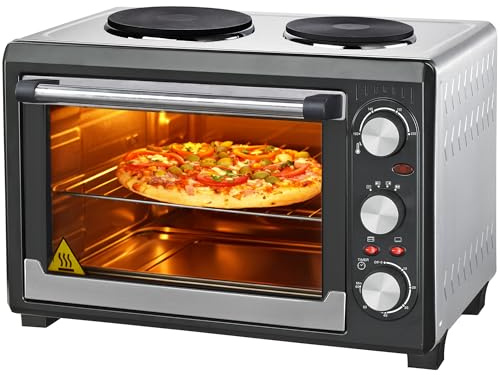 Syntrox Germany 26 Liter Mini Stand Backofen mit Umluft und Drehspieß kleinküche Minieküche mit 2 Kochplatten Miniofen Minibackofen Pizzaofen