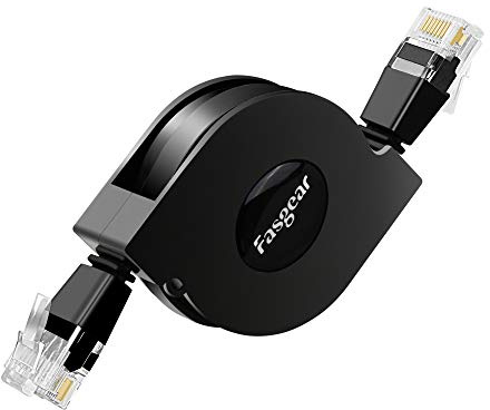 Fasgear Cat 6 Ethernet Cable, Retractable Network Cable 10Gbps 1MHz-250MHz RJ45 Connector Works for Modem Router, PC, Laptop, PS2 and More (Black)