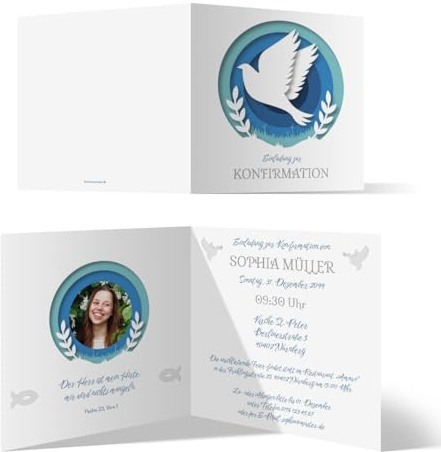 Personalisierte Konfirmation Einladungskarten individuelle Klappkarte mit Foto Quadradt 148x148mm - Papier-Taube