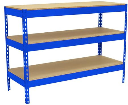 Simon Rack Banco de Trabajo Taller, Mesa de Trabajo Taller, Carga Máxima 400 kg, 900x1500x600 mm, Bricolaje, 3 Alturas, Azul/Madera - BT-BASIC