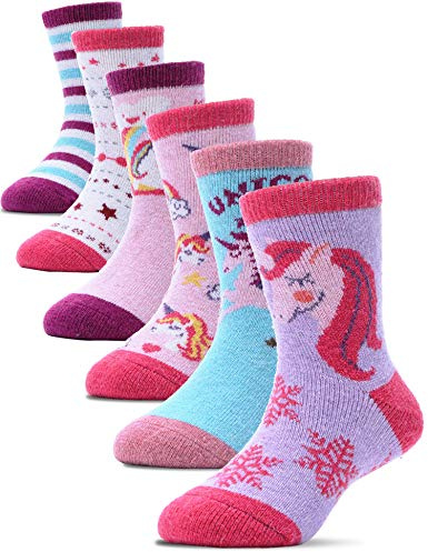 ProEtrade Merino Wool Socks for Kids Toddlers Girls Boys Warm Thick Hiking Winter Thermal Crew Heavy Boot Cozy Gift Snow Unicorn Socks 6 Pack（Unicorn-Pink，1-3 Y）