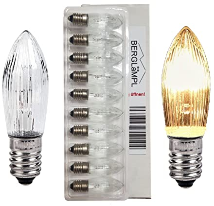 Berglicht 10x Glühbirne 'Berglämpl' E10 34V/3W Riffelkerze Spitzkerze Topkerze Glühlämpchen für Schwibbogen und Lichtbögen, Gelbglühend