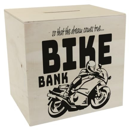Bike Bank Spardose aus Holz in schwarz zum Thema Motorradkauf und Motorrad Fahren schöne Sparbüchse Geschenk für Sparfüchse die Träume eines Bikers mögen oder Sich ihren eigenen