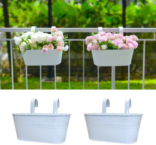 LaLaGreen Rail Planters for Outdoor (2 Pack, 11.2 Inch) White Metal Iron Hanging Flower Pots, Strawberry Planter Deck Railing Fence Bucket Wall Mount Window Box Plant Holder with Hooks Porch Decor