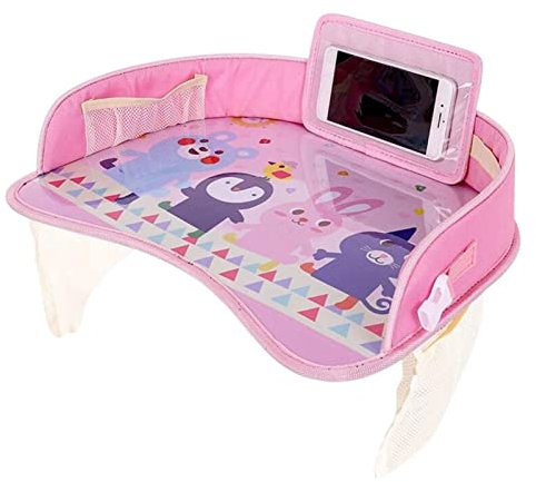 Moageme Kinder Reisetisch Knietablett Wasserdichter Auto-Reisetablett mit Netztaschen, Roadtrip-Tablett Kinder Snack und Spiel-Aktivitätstablett Auto-/Kinderwagen-/Flugzeug-/Sitzerhöhung 42x32x8cm