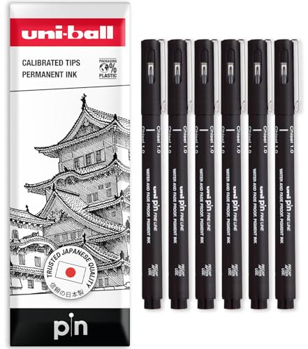 Uni Pin Fineliner Zeichenstifte, Keilspitzen, schwarze Tinte, 1,0 mm Spitze, 6 Stück, in Geschenkbox