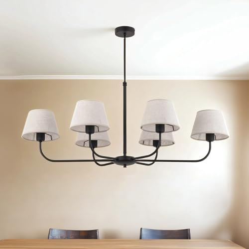 Licht-Erlebnisse Kronleuchter mit Schirm Natur Schwarz 6-armig E27 100 cm lang Esszimmer Wohnzimmer Deckenlampe