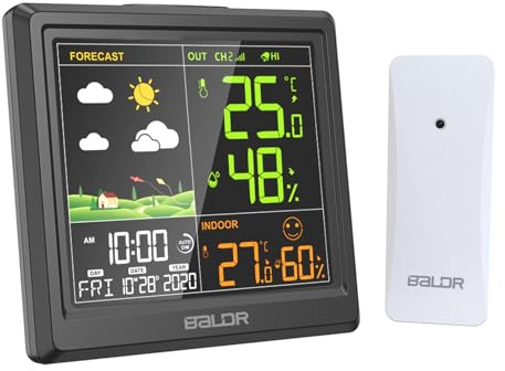 LEVIPE Wetterstation Funk mit Außensensor, Funkwetterstation mit Adapter, Digitales Farbdisplay Thermometer Hygrometer Innen und Außen, Wettervorhersage, Wecker