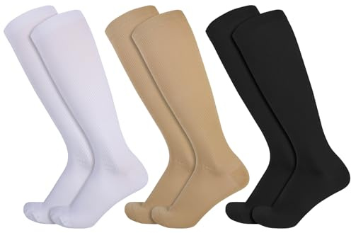 Opopark 3 Paar Kompressionsstrümpfe für Damen und Herren, medizinische Durchblutung, 20–30 mmHg, Flugsocken, kniehohe Kompressionsstrümpfe für sportliche Krankenschwestern, Laufen, Reisen, mehrfarbig,