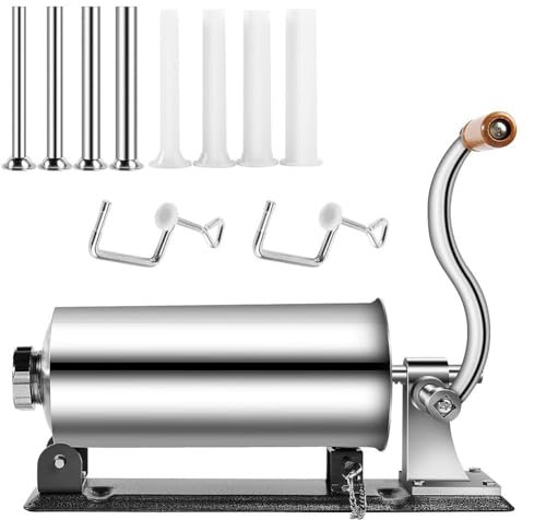 HJJP Horizontal Sausage Stuffer - 3L/4L Manual Meat Filling Machine, Stainless Steel Sausage Maker with 8 Tubes - Ideal for Commercial Kitchen & Household Use
