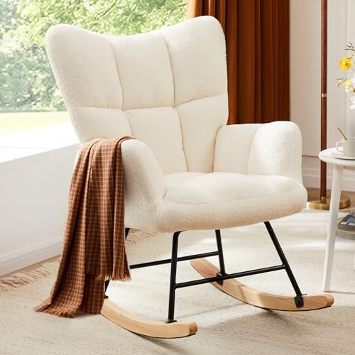 Sweetcrispy Schaukelstuhl, Teddy gepolstert Glider Rocker mit hoher Rückenlehne, Lesesessel Moderne Schaukel Akzent Stühle Glider Recliner für Wohnzimmer, Schlafzimmer