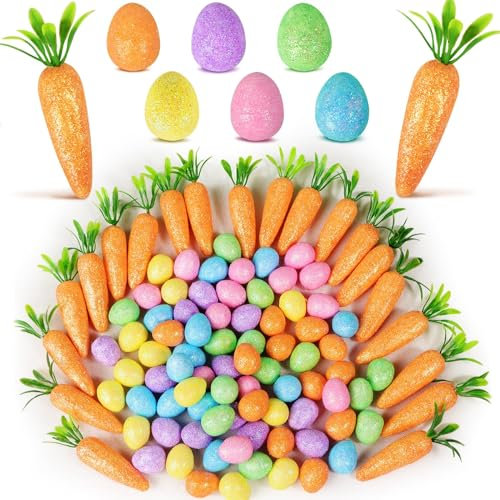 COLOFALLA 100 Stücke mini Ostereier Schaum Kunstliche Karotten Wachteleier Glitzer Mini Ostern Deko Oster Tischdeko Ostern Ornamente Mini Karotten zum Basteln DIY Deko für Ostern Zimmer