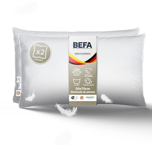BEFA NATUR Almohada de Plumas 80x80 cm | 100% Plumas | 1500g Peso de Relleno (2 Piezas, 50x70 cm)