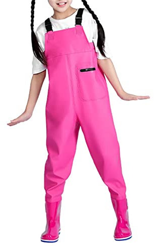 HWBZSZY Kinder Leichte Atmungsaktive Hip Watthosen Wasserdichte Wader Stiefel mit Verstellbarer Schultergurt und Tasche Angelbekleidung + Bootfoot für Jungen und Mädchen,Rosa,25 EU