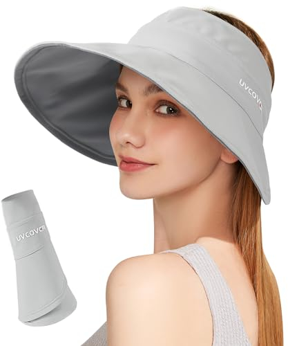 AYPOW Damen Visierhut mit breiter Krempe und UV-Schutz - Reversibel, Grau und Beige