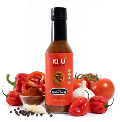 KRU Fiery Hot Sauce - Garlic Habanero Hot Sauce, Low Sodium, No Sugar, Non-GMO, Plant Based Vegan Hot Sauce, Gluten Free, Smokey Garlic Flavor, 5 fl oz