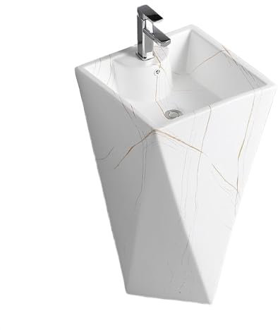 Badezimmer-Waschbecken Quadratisches Standwaschbecken, Keramik-Badezimmerwaschbecken, bodenstehende Säulenwaschbecken-Kombination mit Überlaufloch, optionale Warm- und Kaltwasserhähne/Eckventile Stand