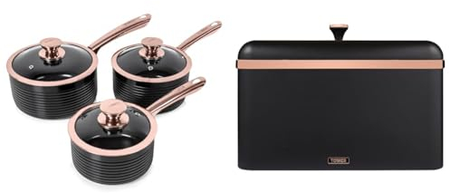 Tower T800001RB Linear Non Stick Induction Saucepans Sets with Lids, Easy Clean, Black and Rose Gold & T826130BLK Cavaletto Bread Bin with Removable Lid, Large Capacity, Durable Steel Body, Black