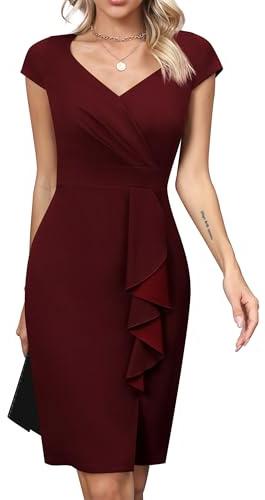 Missufe Robe de soirée élégante pour femme - Longueur genou - Fente - Robe crayon d'affaires, rouge bordeaux, M