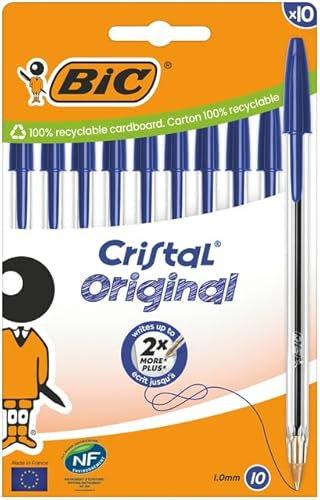 BIC Cristal Original Bolígrafos de Punta Media (1,00 mm) con Tapón y Capuchón a Juego - Azul, Caja de 10