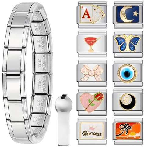 GEMOSA Ensemble de bracelets à breloques italiens avec 1 bracelet de démarrage en argent, lot de 10 breloques et outils d'ouverture, bracelet à breloques modulaire italien de 9 mm, lien fait à la main