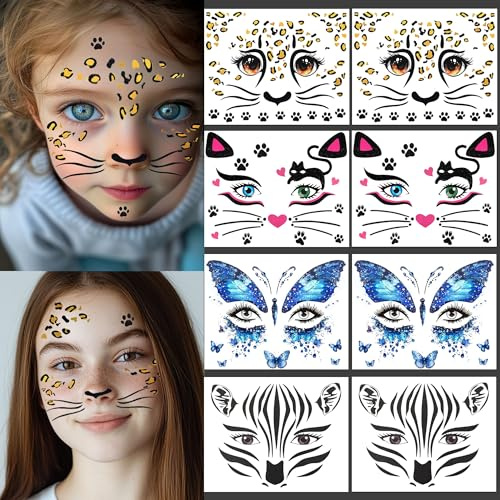 Gesichtstattoo-Leopard,Zebra,Schmetterling,Katze Kostüm Temporäre Tattoos,Gesichtstattoo Karneval Glitzer Tattoo Set für Fasching, Karneval, Halloween & Motto Partys ﻿