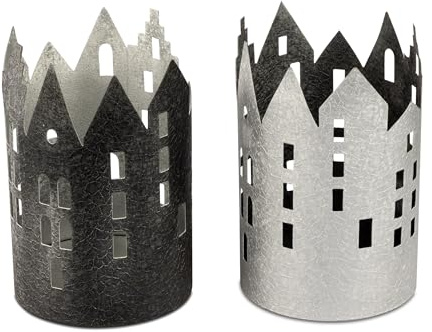2 x Windlicht Haus | Teelichthalter Teelichtleuchte | schwarz Silber | Teelicht | 10 cm