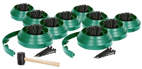 Harbour Housewares 10x Bordures de Pelouse et de Chemin en Plastique Flexible avec 40 Piquets et Maillet - 100m x 4cm - Vert - Jardin Herbe Fleur Plante Lit Pierre Frontière Bord Rouler