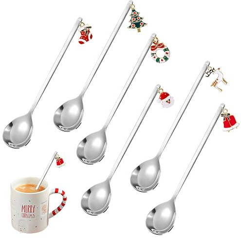 AYMQC Weihnachtslöffel Weihnachts Kaffee Löffel Edelstahl Dessertlöffel Teelöffel mit Weihnachtsanhänger Weihnachten Löffel Set Geschenkbox Verpackung 6 Stück (Silber)