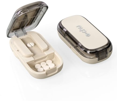 AOGOE Tablettenteiler, Pillenteilerfür Kleine und Große Tabletten, Tablettenschneider mit Aufbewahrungsfach,Medikamententeiler für Reise & täglichen Gebrauch, Weiß